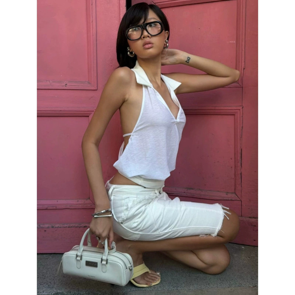 Zara Summer Solid Color Slim Fit Hollow Out Halter Neck Crop Tank Top